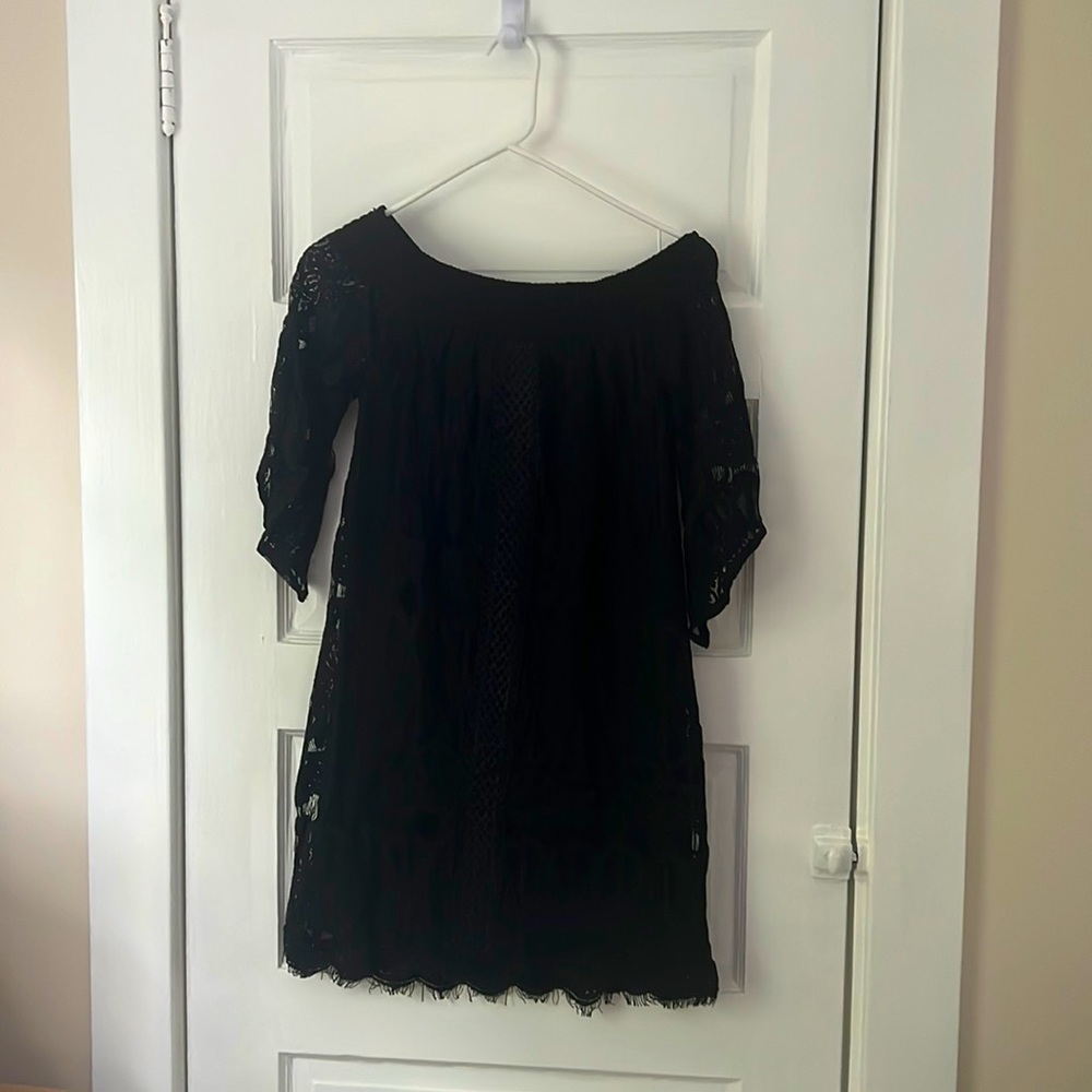 Off the Shoulder Lace Overlay Mini Dress